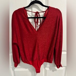 NY&Co. Red V-Neck Tie-Back Glitter Bodysuit. Size XS. V-cut back w/self-tie bow.